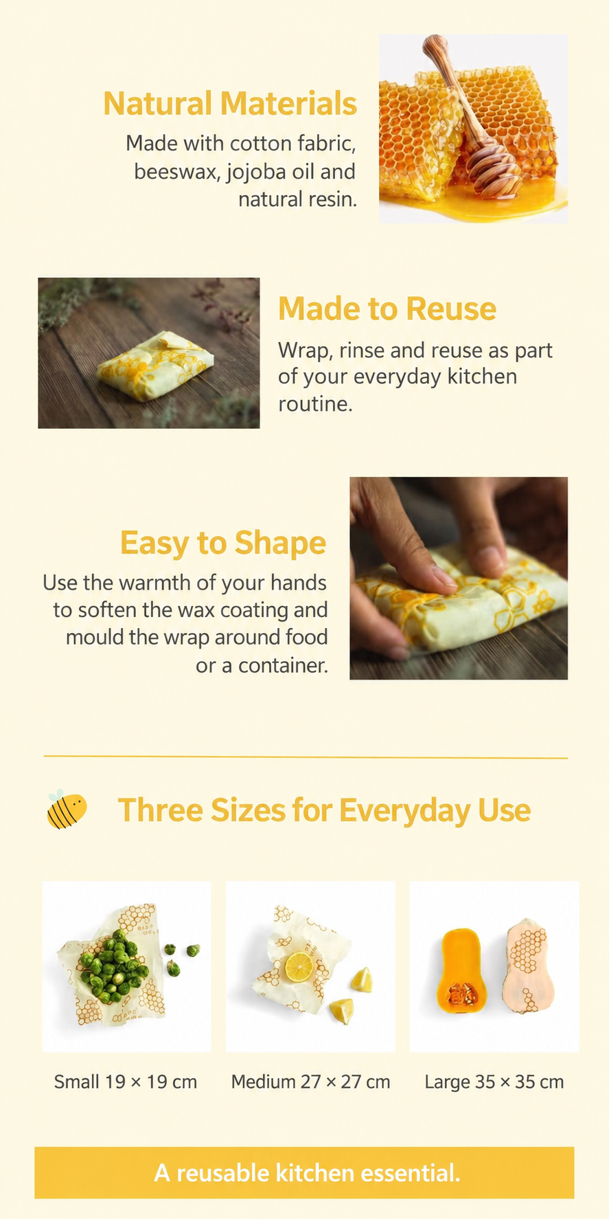 Beeswax wrap materials and sizes: 19, 27 and 35 centimetres square
