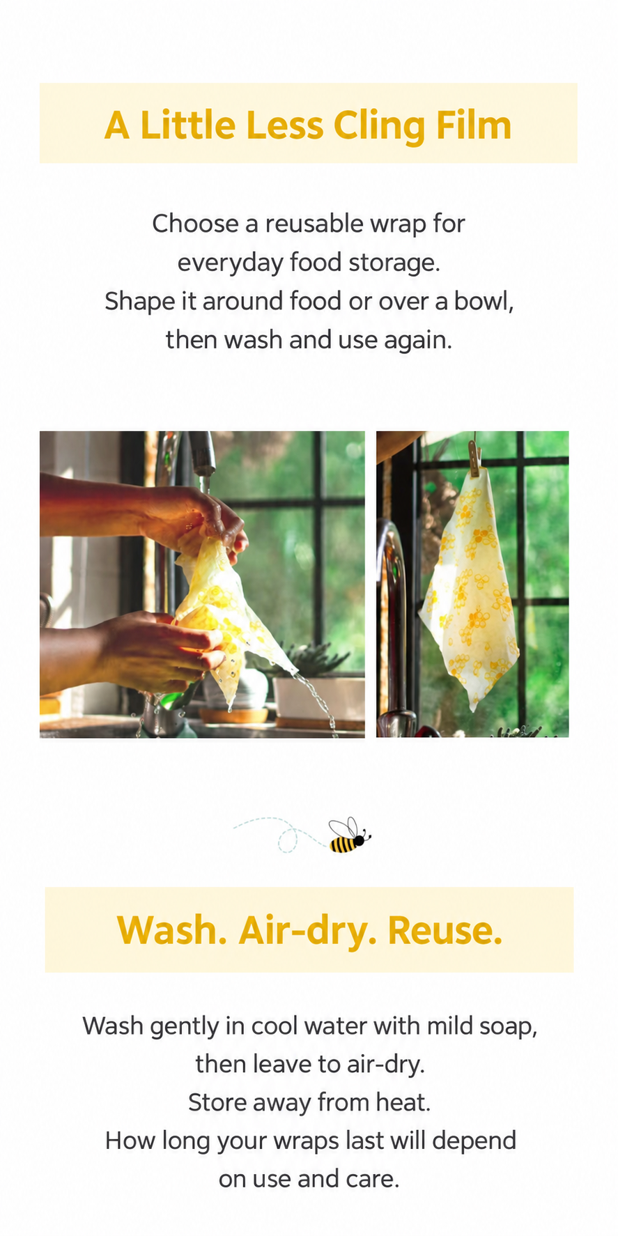 English instructions for washing, air-drying and reusing beeswax wraps