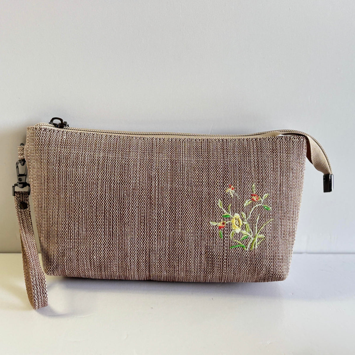 Embroidered Ramie Wristlet Clutch in Xiabu ramie textile
