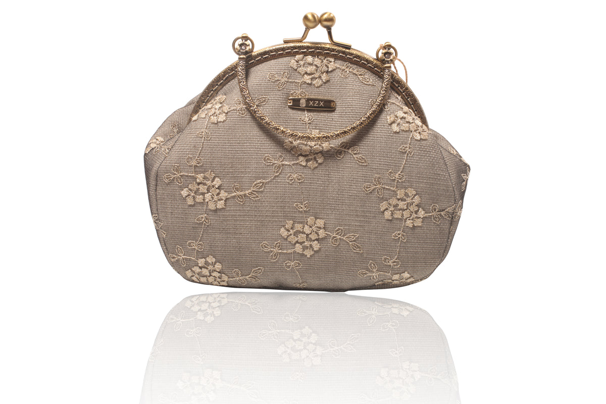 Lace-Detail Ramie Frame Handbag in Xiabu ramie textile