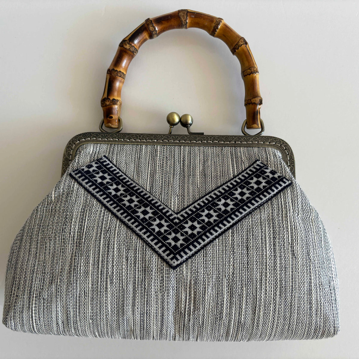 Bamboo-Handle Ramie Frame Bag in Xiabu ramie textile
