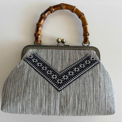 Bamboo-Handle Ramie Frame Bag in Xiabu ramie textile