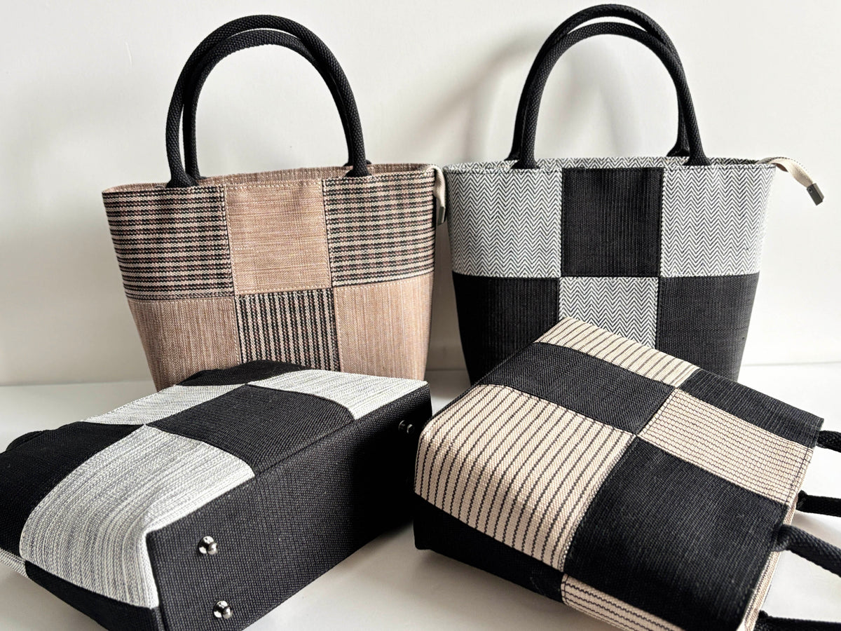 Patchwork Ramie Mini Tote design options shown in Xiabu ramie textile