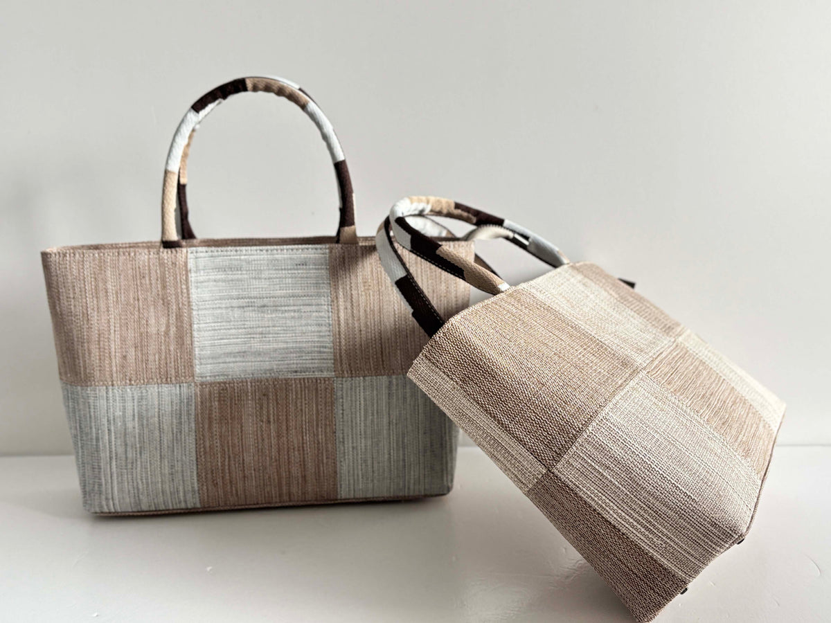 Neutral Patchwork Ramie Top-Handle Tote design options shown in Xiabu ramie textile