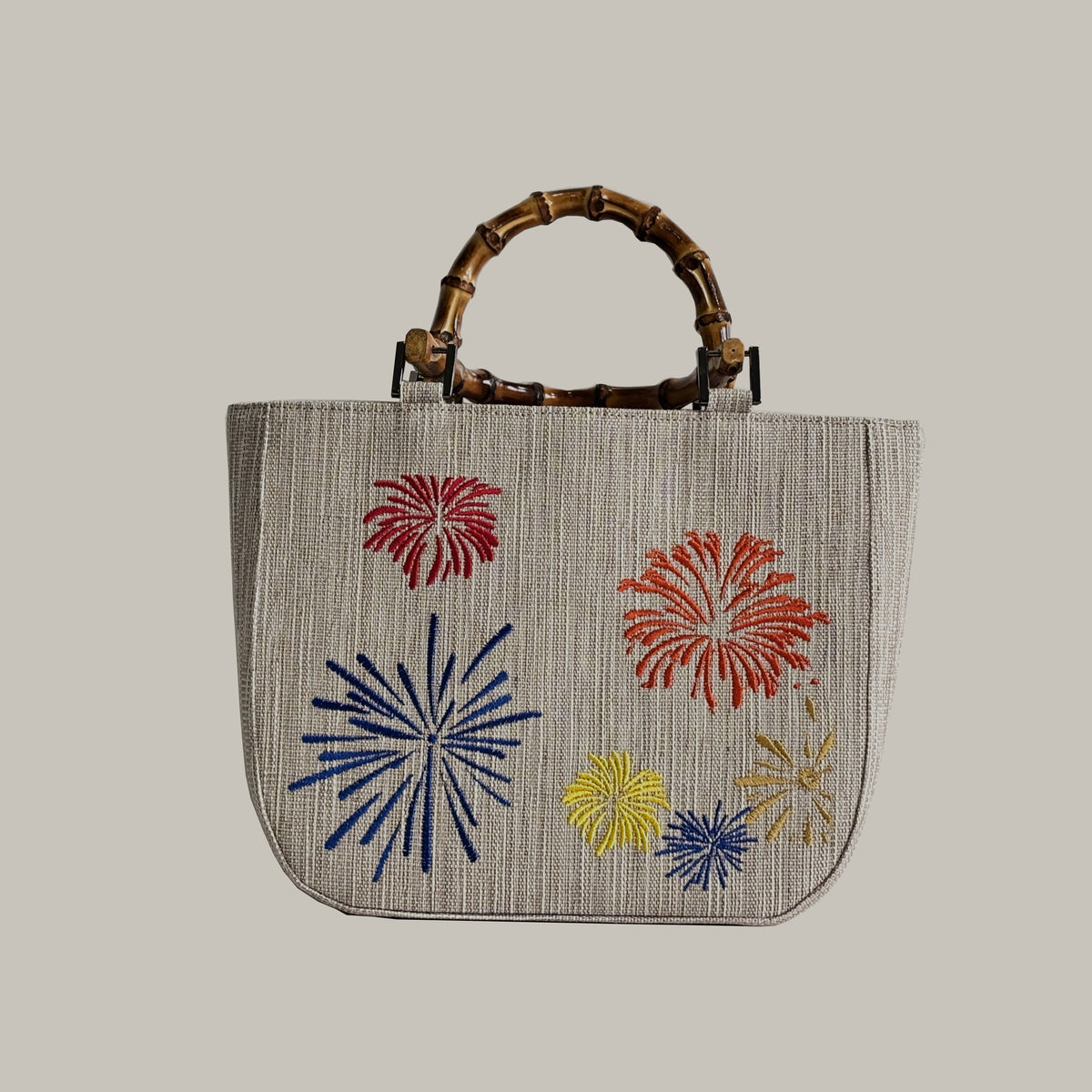 Firework Embroidered Bamboo-Handle Ramie Bag in Xiabu ramie textile