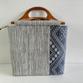 Indigo Geometric Wood-Handle Ramie Tote in Xiabu ramie textile