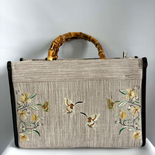 Butterfly Embroidered Bamboo-Handle Ramie Bag in Xiabu ramie textile