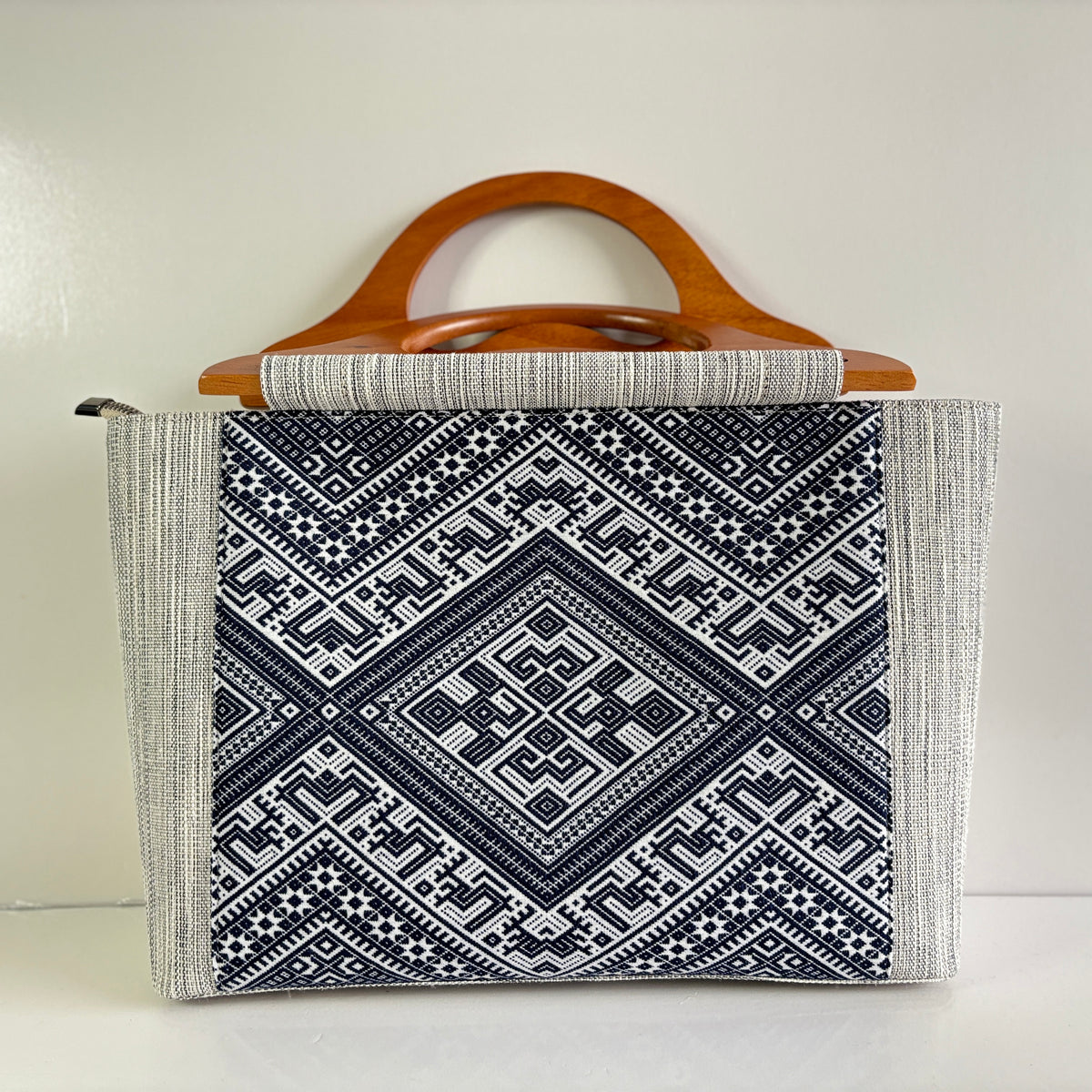 Large Indigo Geometric Ramie Frame Bag in Xiabu ramie textile