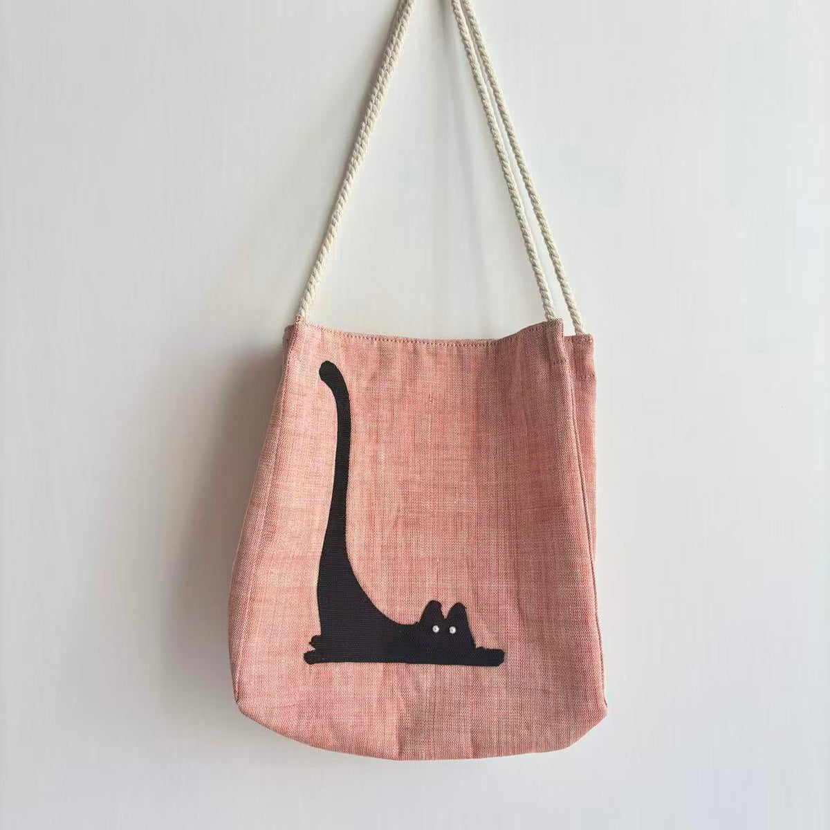 Pink Cat Appliqué Ramie Shoulder Bag in Xiabu ramie textile