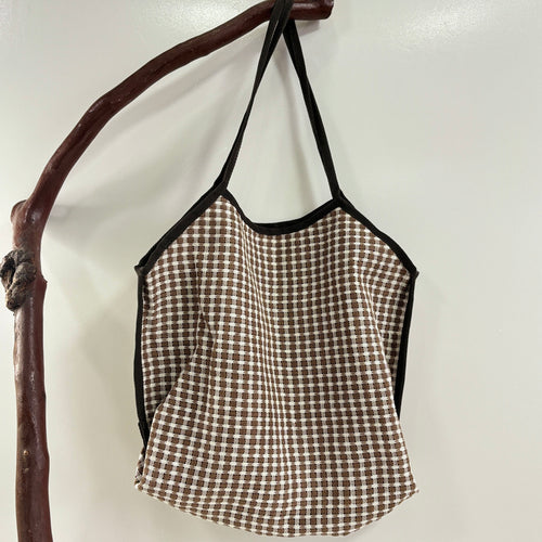 Brown Plaid Ramie Shoulder Tote in Xiabu ramie textile