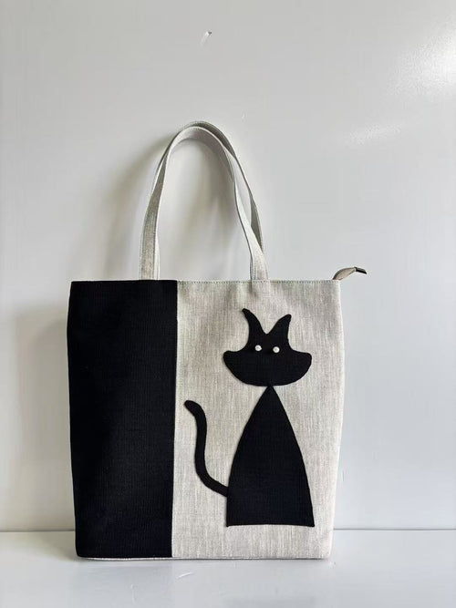 Black Cat Appliqué Ramie Tote Bag in Xiabu ramie textile