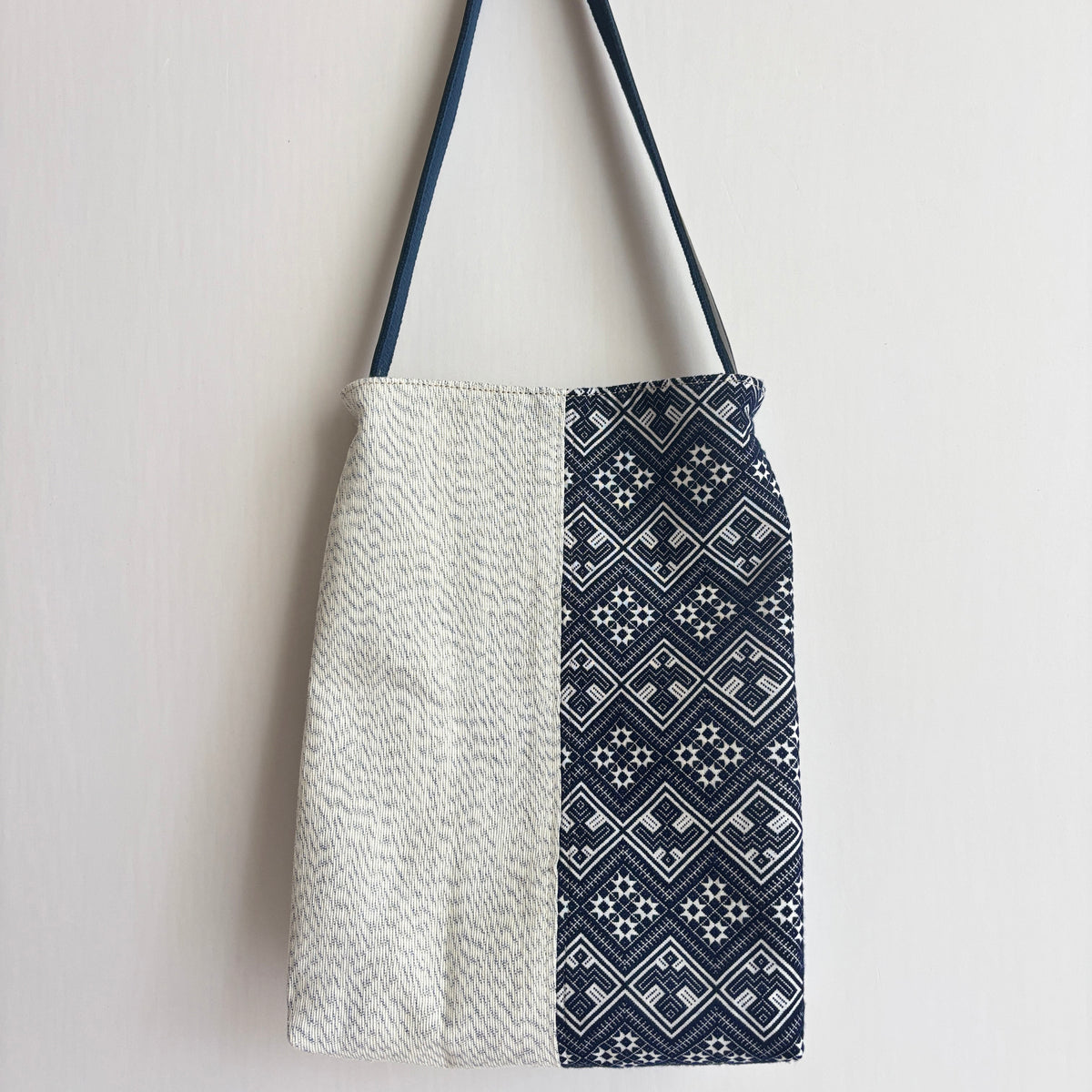 Indigo Geometric Ramie Shoulder Tote in Xiabu ramie textile