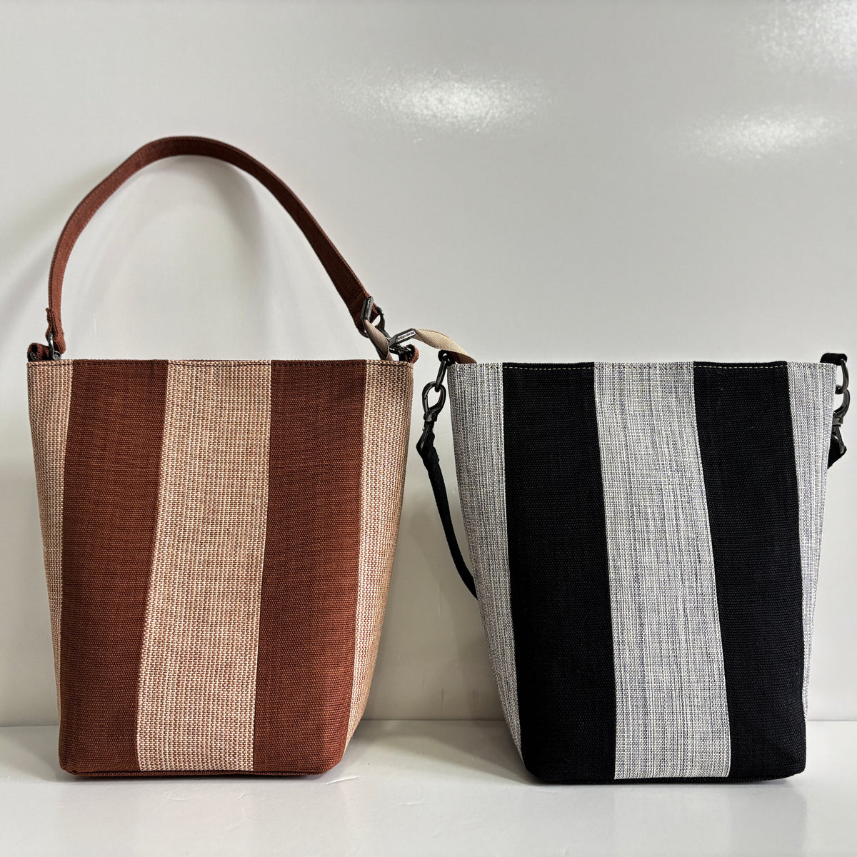 Striped Ramie Bucket Bag design options shown in Xiabu ramie textile