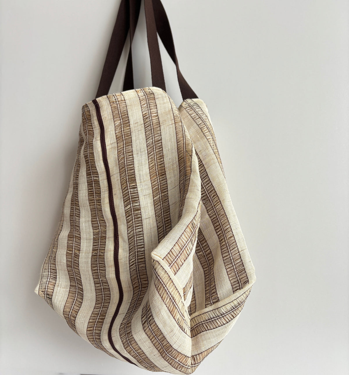 Oversized Striped Ramie Shoulder Tote in Xiabu ramie textile