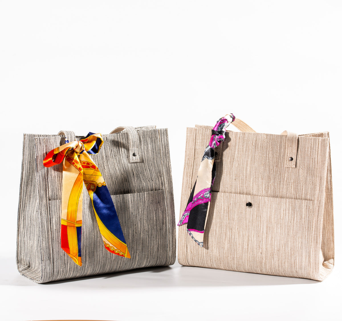 Scarf-Detail Ramie Market Tote design options shown in Xiabu ramie textile