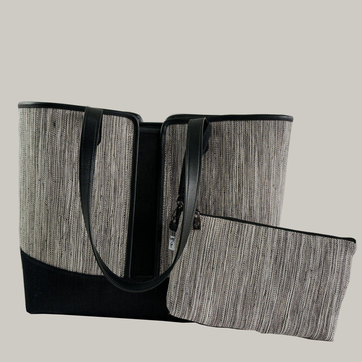 Contrast-Panel Ramie Tote Bag in Xiabu ramie textile