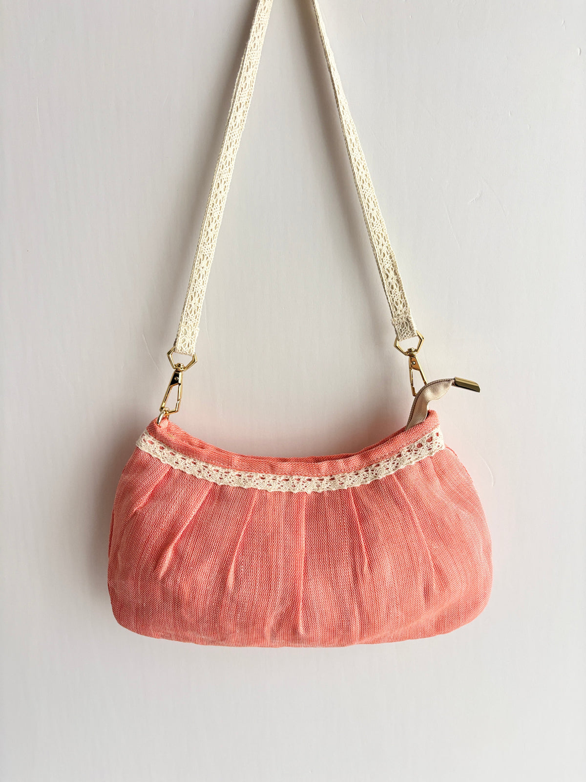 Coral Lace-Trim Ramie Shoulder Bag in Xiabu ramie textile