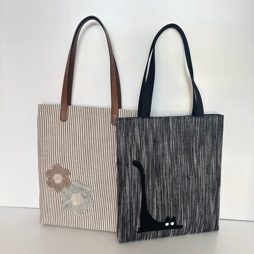 Applique Ramie Tall Tote design options shown in Xiabu ramie textile