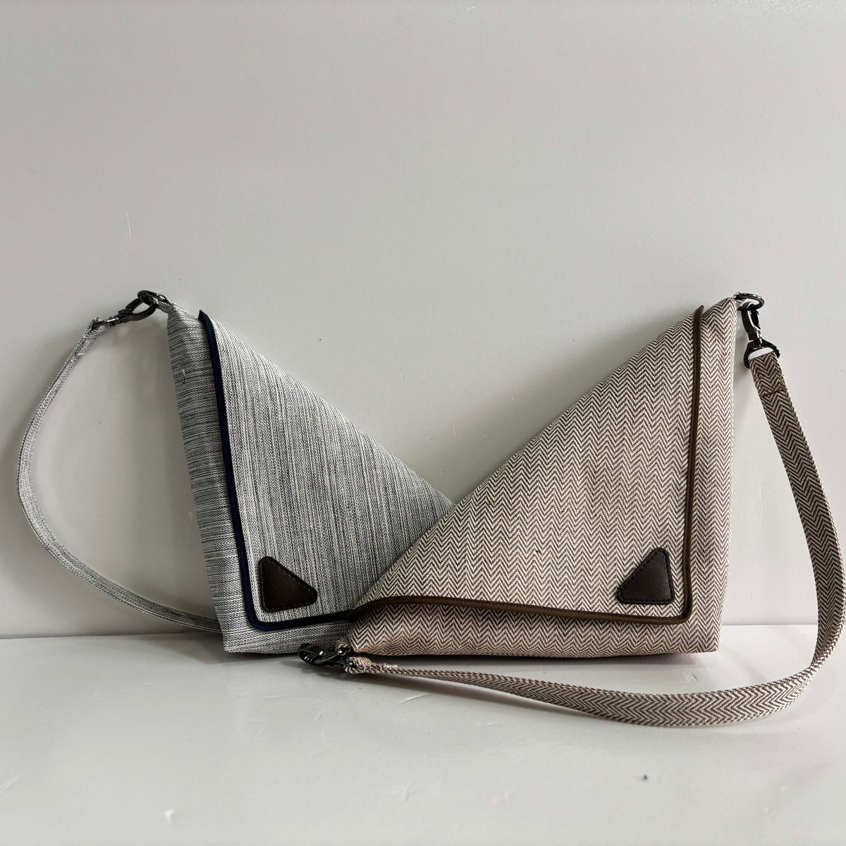 Geometric Triangle Ramie Crossbody Bag design options shown in Xiabu ramie textile
