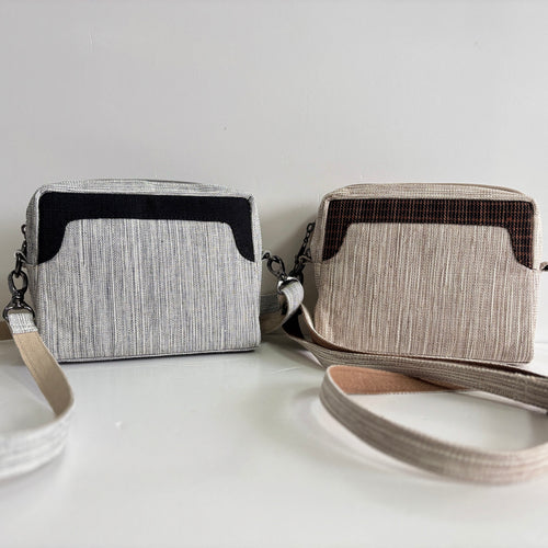 Colorblock Ramie Camera Crossbody Bag design options shown in Xiabu ramie textile