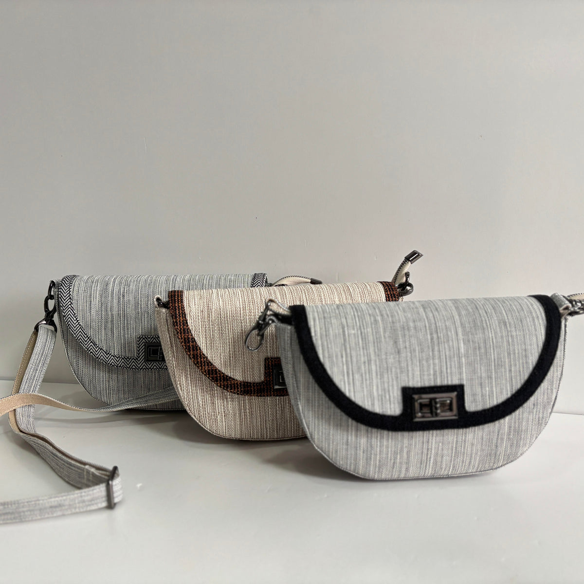 Colorblock Ramie Saddle Crossbody Bag design options shown in Xiabu ramie textile