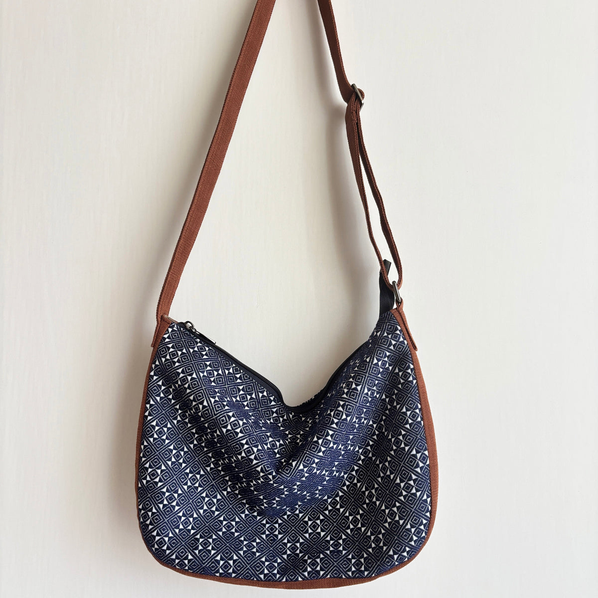 Indigo Geometric Ramie Hobo Bag in Xiabu ramie textile