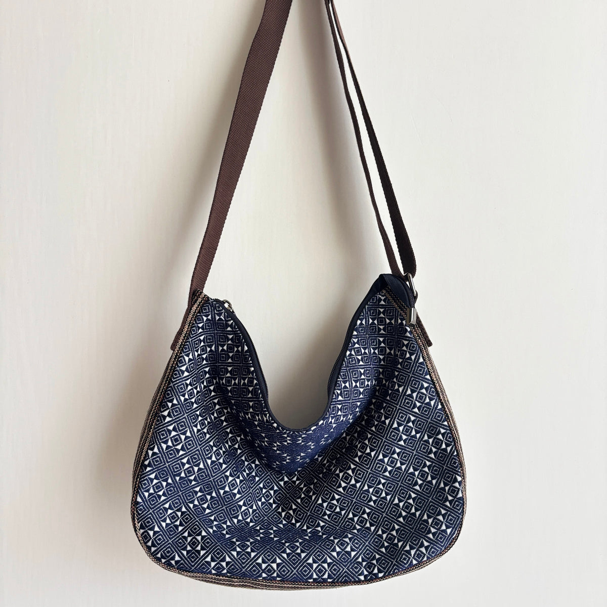 Indigo Geometric Ramie Hobo Bag in Xiabu ramie textile, view 2