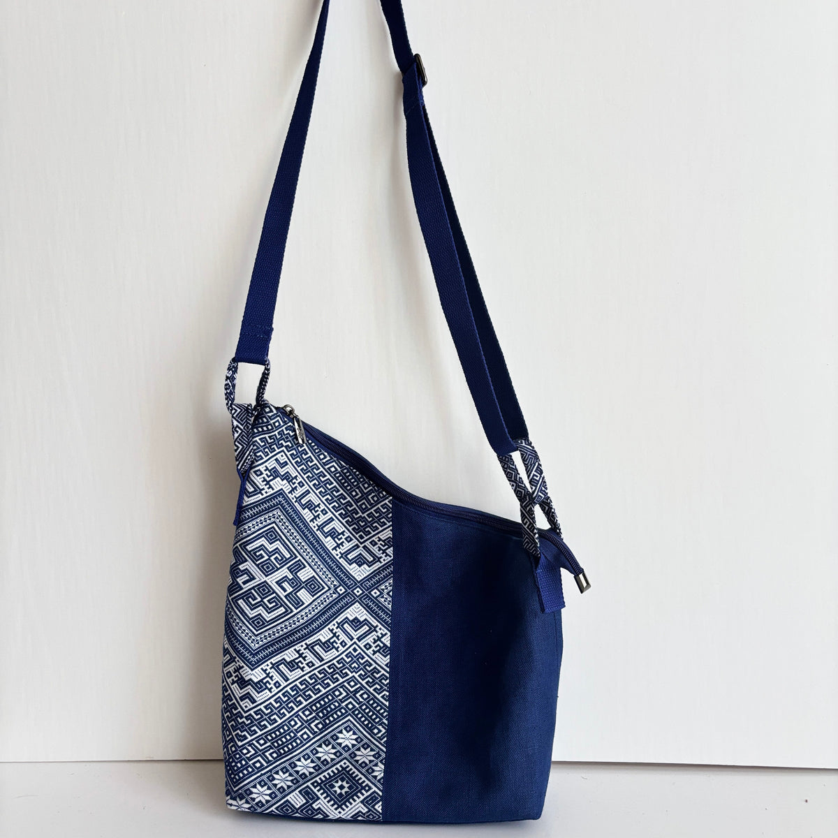 Indigo Geometric Ramie Crossbody Tote in Xiabu ramie textile