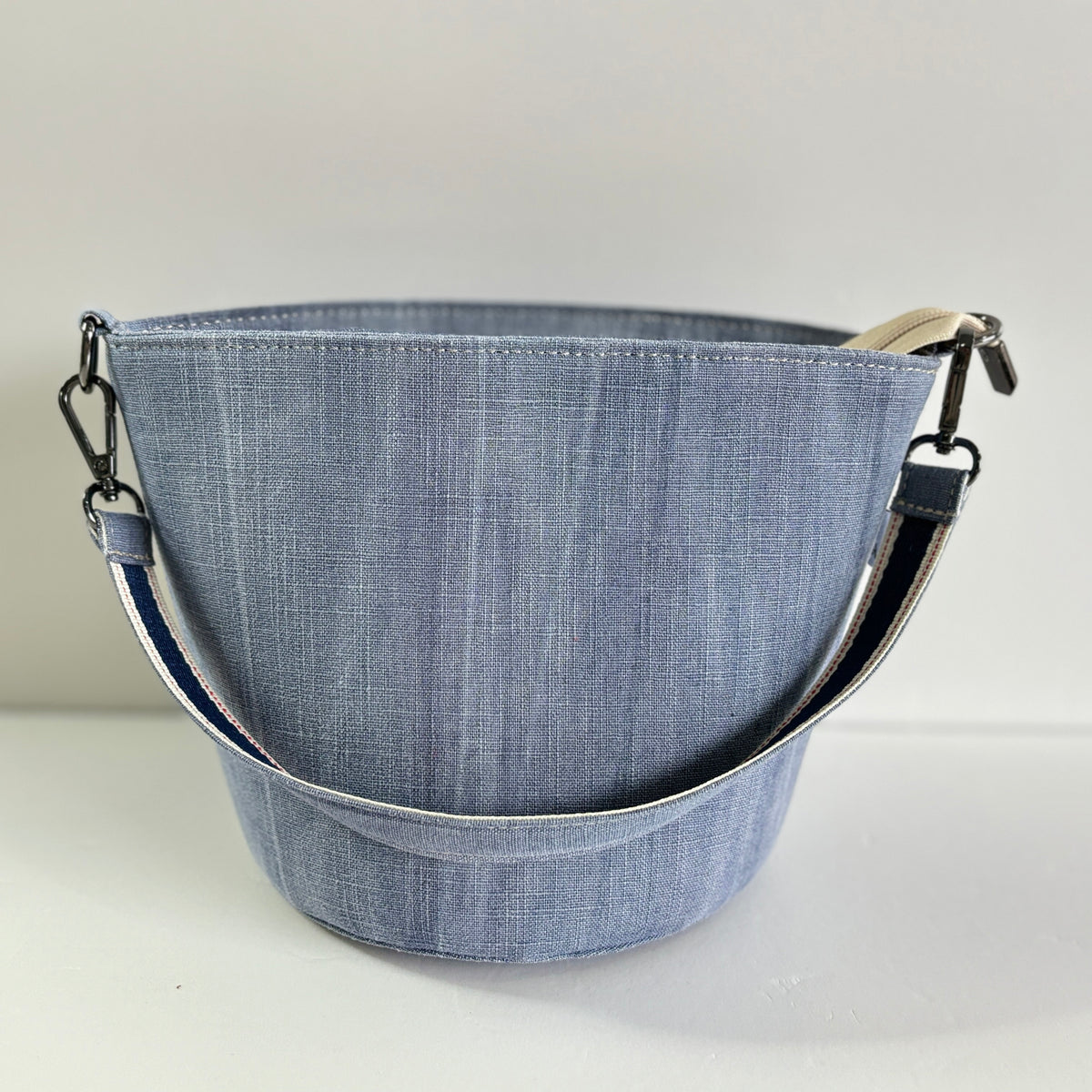 Minimal Blue Ramie Bucket Bag in Xiabu ramie textile