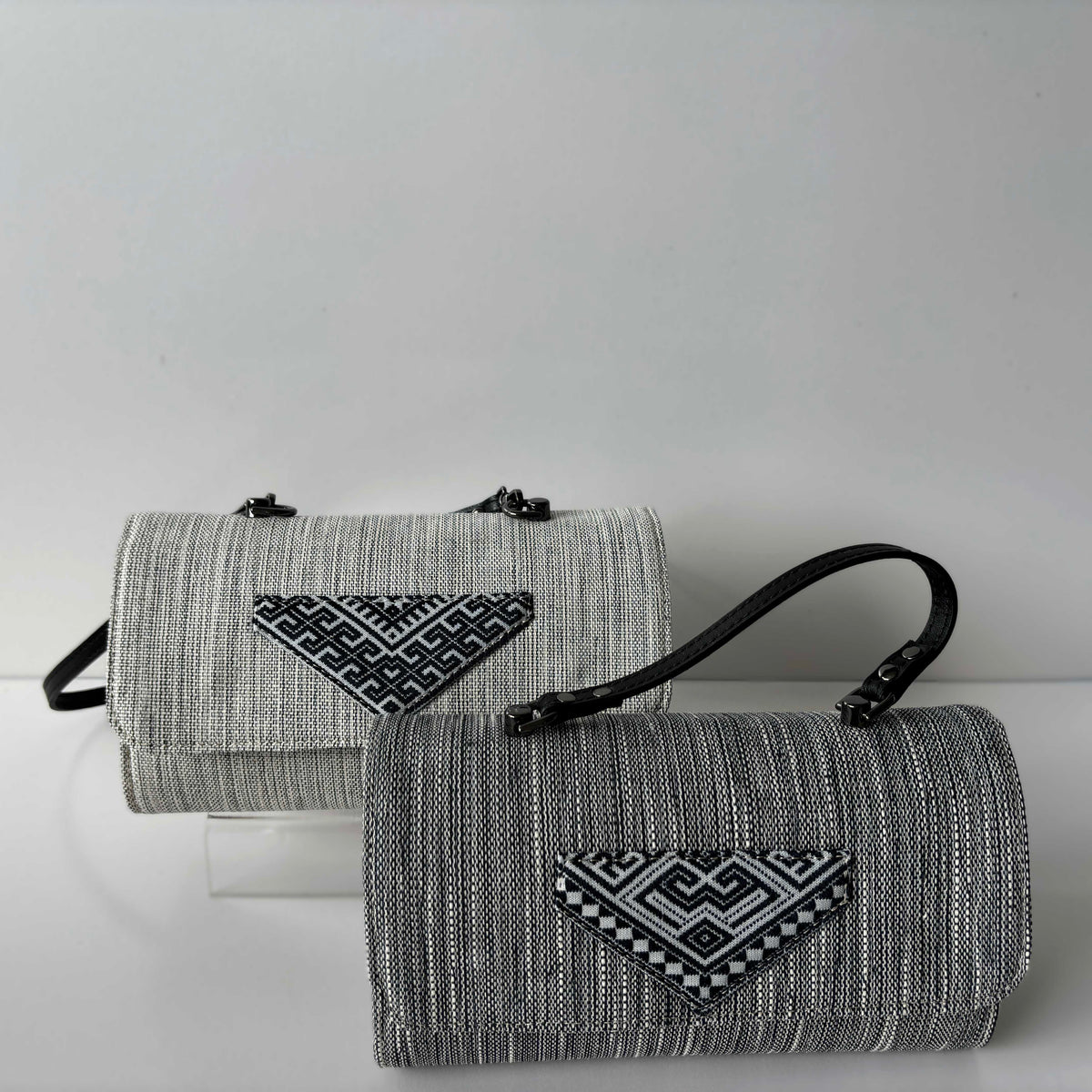 Geometric-Pocket Ramie Mini Handbag design options shown in Xiabu ramie textile