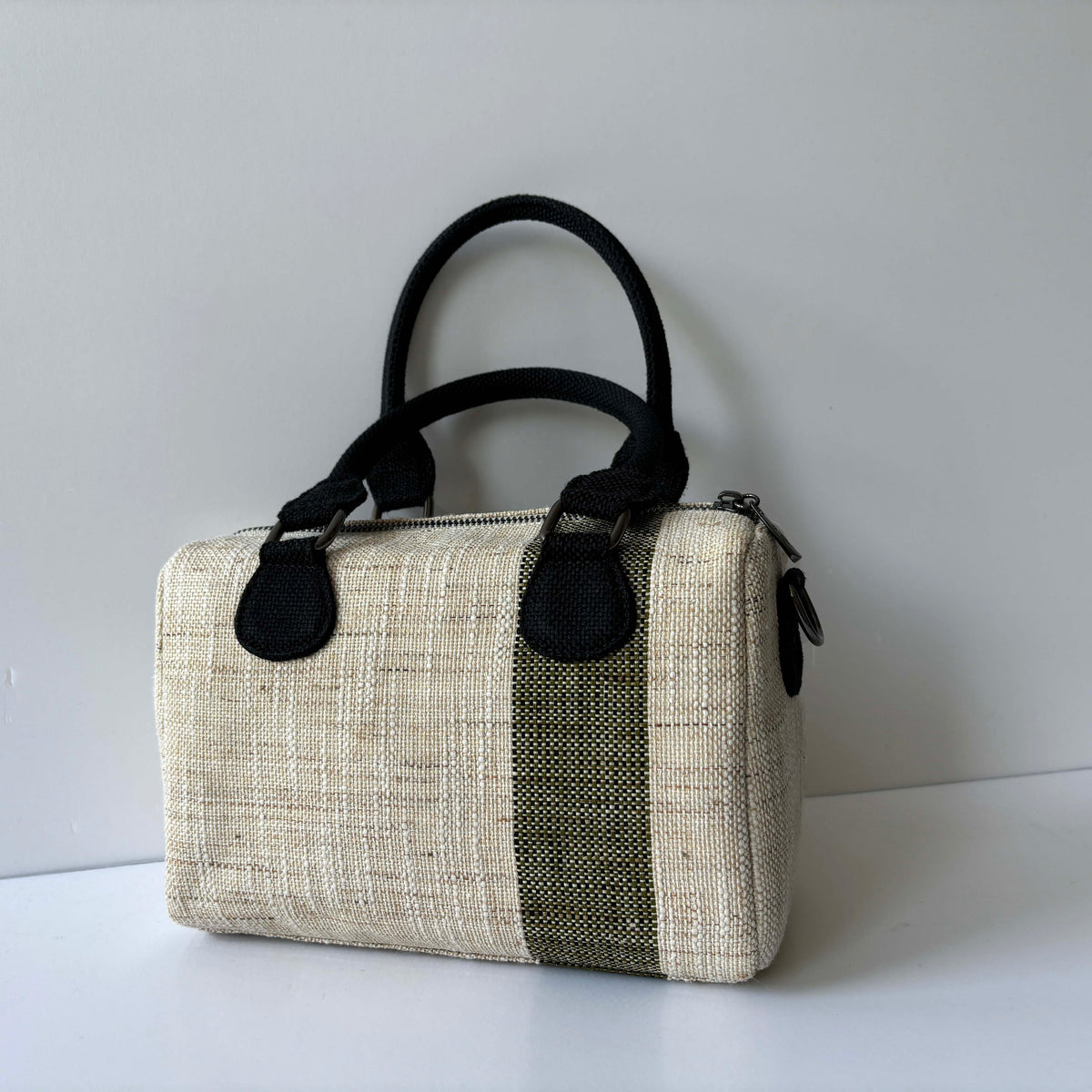 Contrast-Stripe Ramie Travel Handbag in Xiabu ramie textile