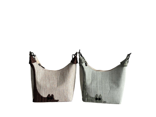 Cat Applique Ramie Lunch Tote design options shown in Xiabu ramie textile