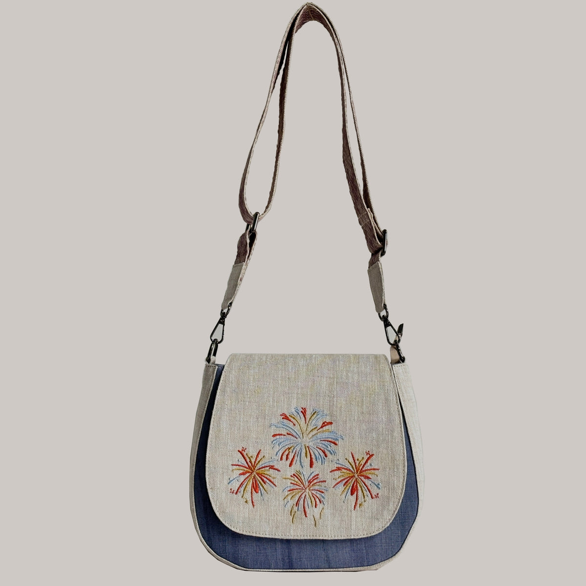 Firework Embroidered Ramie Saddle Bag in Xiabu ramie textile