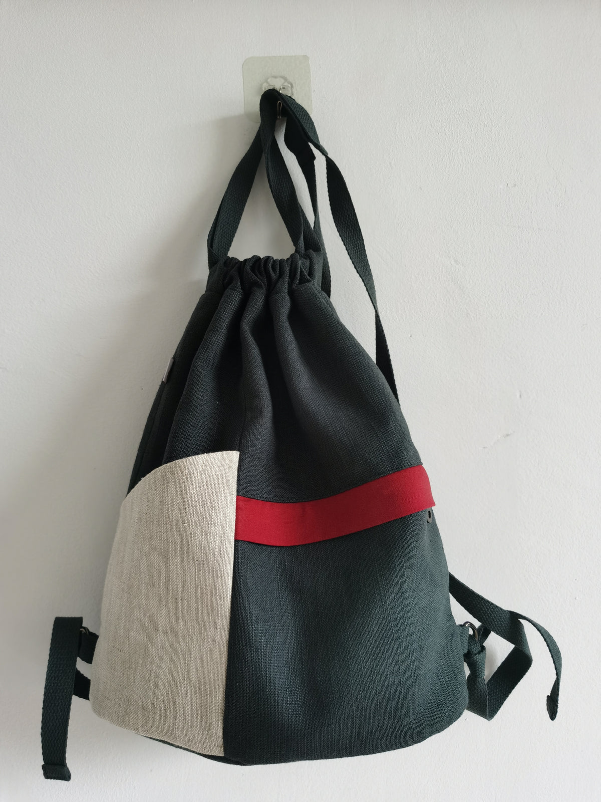 Colorblock Drawstring Ramie Backpack in Xiabu ramie textile