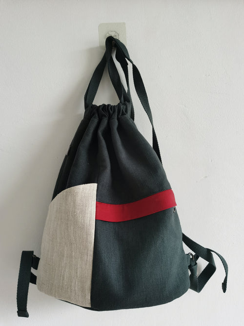 Colorblock Drawstring Ramie Backpack in Xiabu ramie textile