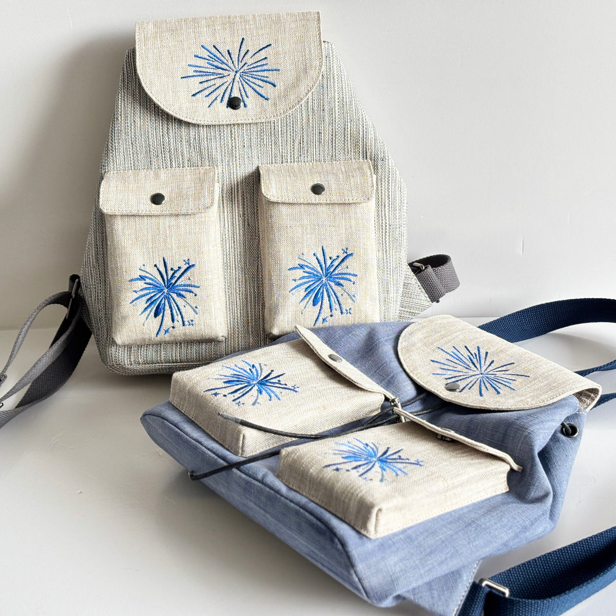 Firework Embroidered Ramie Utility Backpack design options shown in Xiabu ramie textile