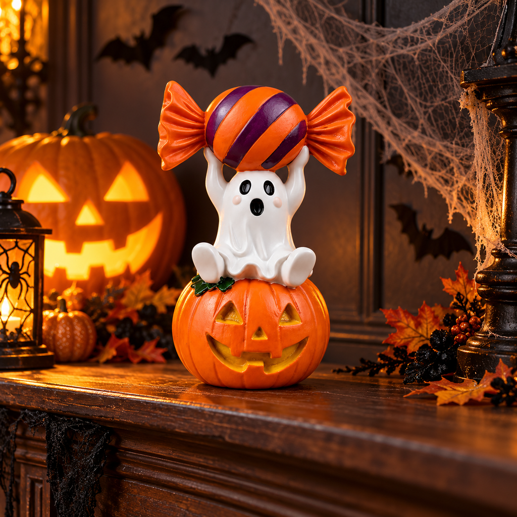 Ghost holding striped candy on a Halloween mantel with jack-o-lantern decor and cobweb accents