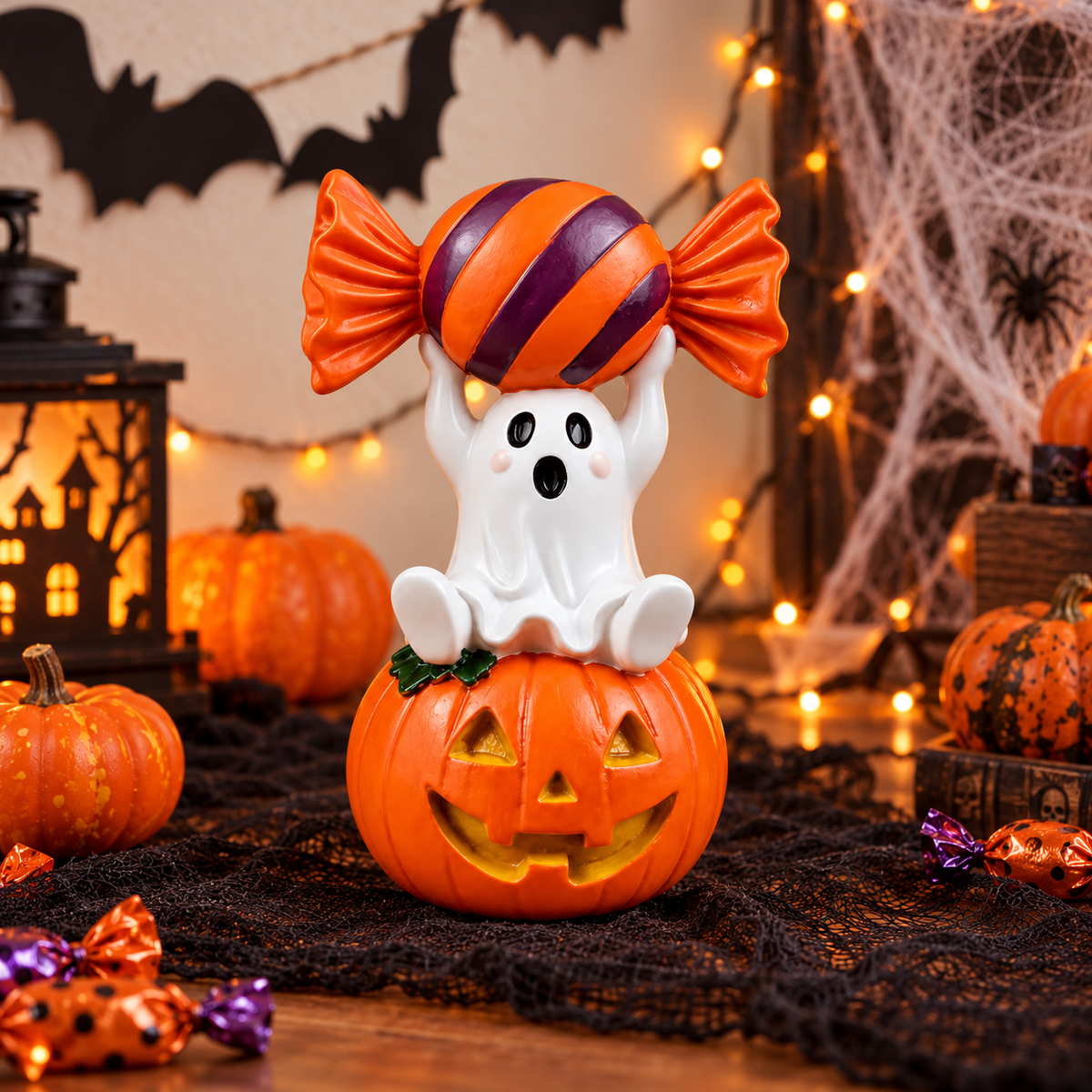 Candy pumpkin ghost resin ornament displayed on a Halloween party table with bat garland