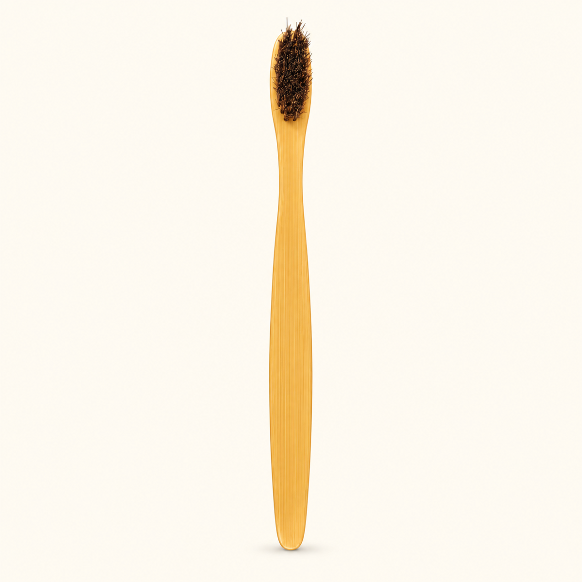 Single flat bamboo-handle toothbrush with dark natural horsehair bristles; lightly retouched from the actual product photograph