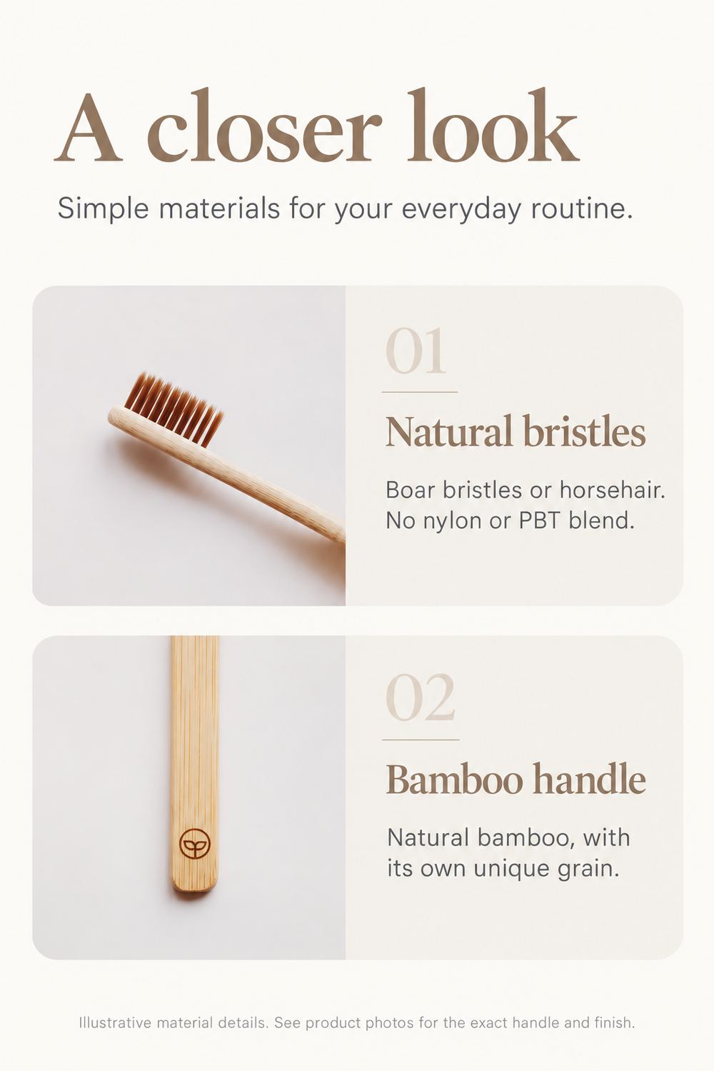 English material-detail guide with illustrative bristle and bamboo-handle close-ups; see product photos for the actual round handle