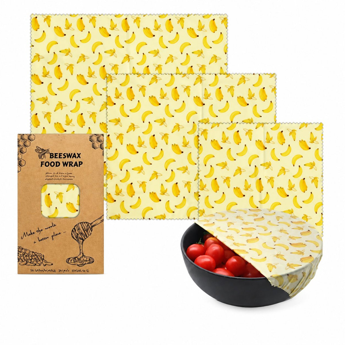 Banana beeswax food wrap set in three sizes with matching packaging