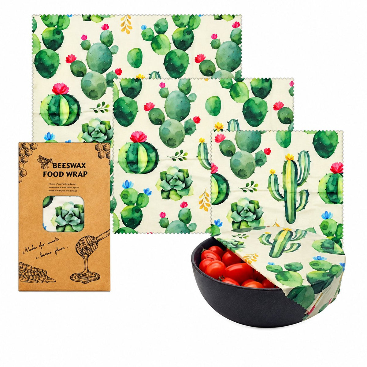 Cactus beeswax food wrap set in three sizes with matching packaging