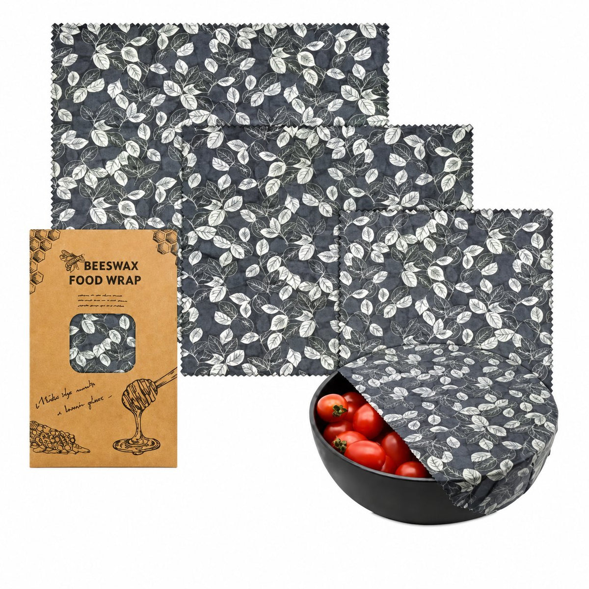 Charcoal Leaf beeswax food wrap set in three sizes with matching packaging