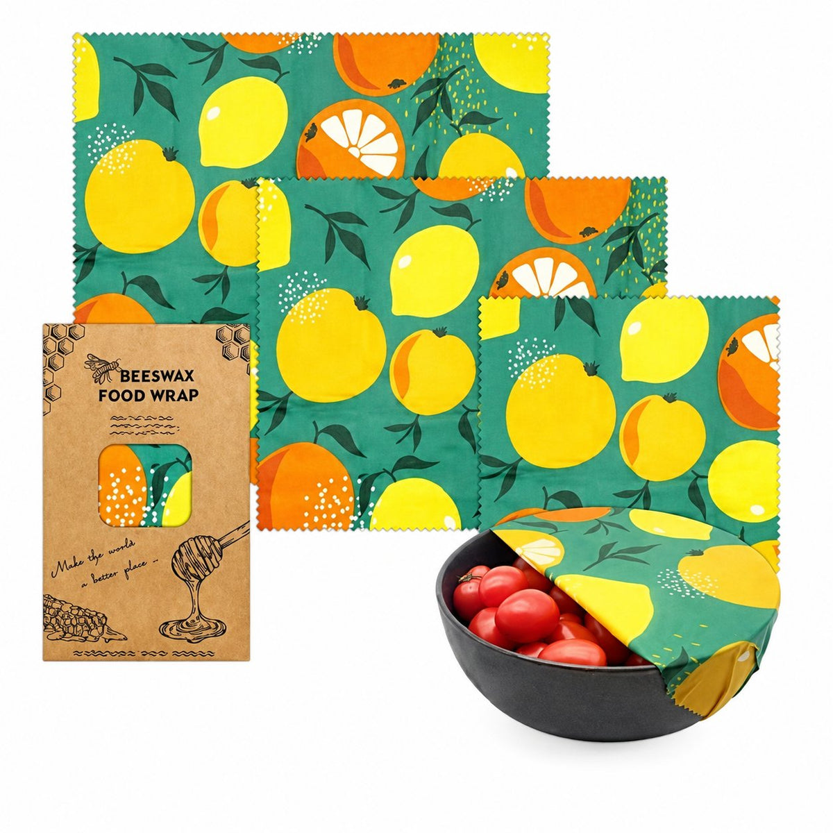 Citrus Grove beeswax food wrap set in three sizes with matching packaging