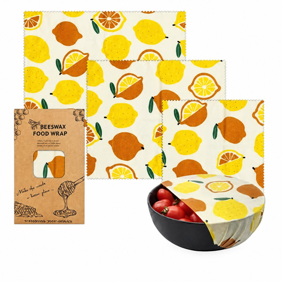 Citrus Slice beeswax food wrap set in three sizes with matching packaging