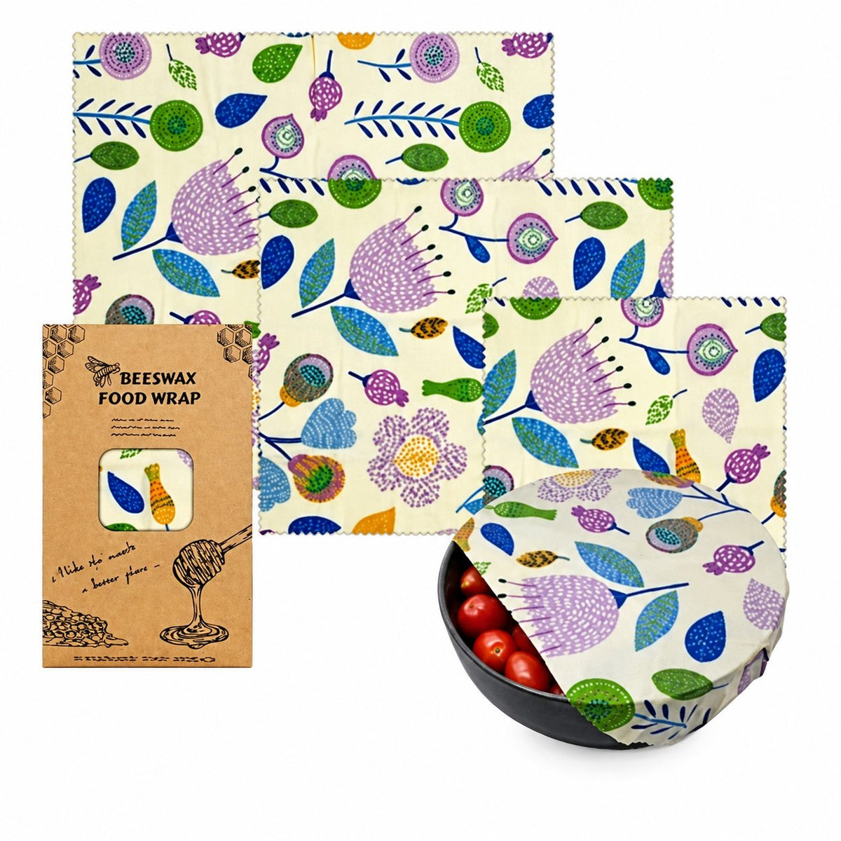 Floral Garden beeswax food wrap set in three sizes with matching packaging