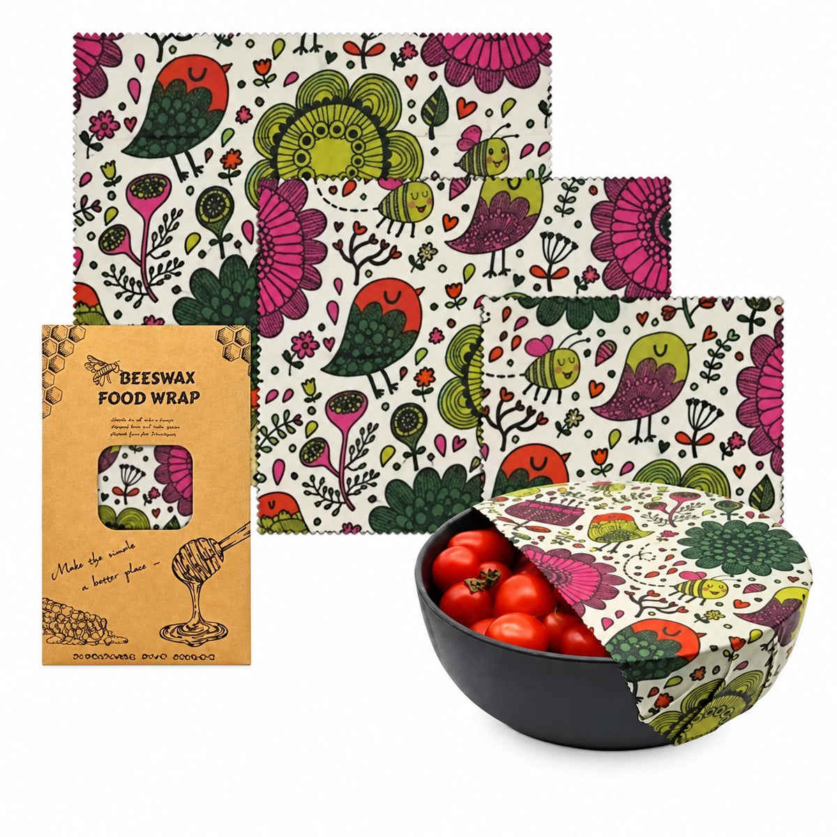 Folk Garden beeswax food wrap set in three sizes with matching packaging