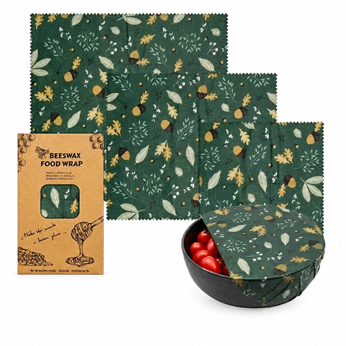 Forest Meadow beeswax food wrap set in three sizes with matching packaging