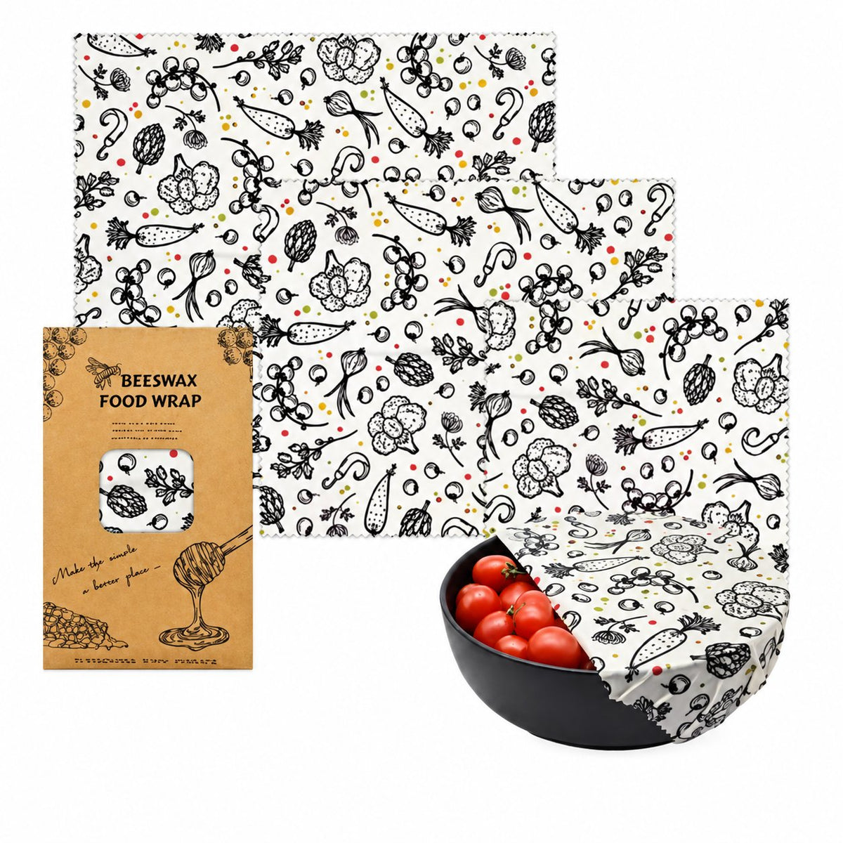 Garden Sketch beeswax food wrap set in three sizes with matching packaging
