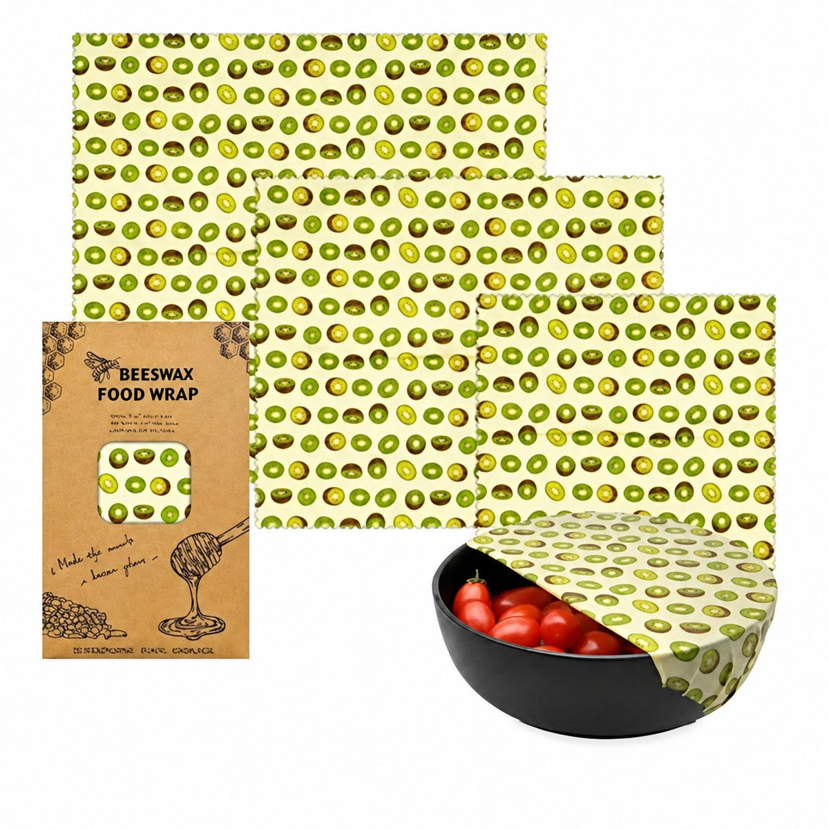Kiwi beeswax food wrap set in three sizes with matching packaging